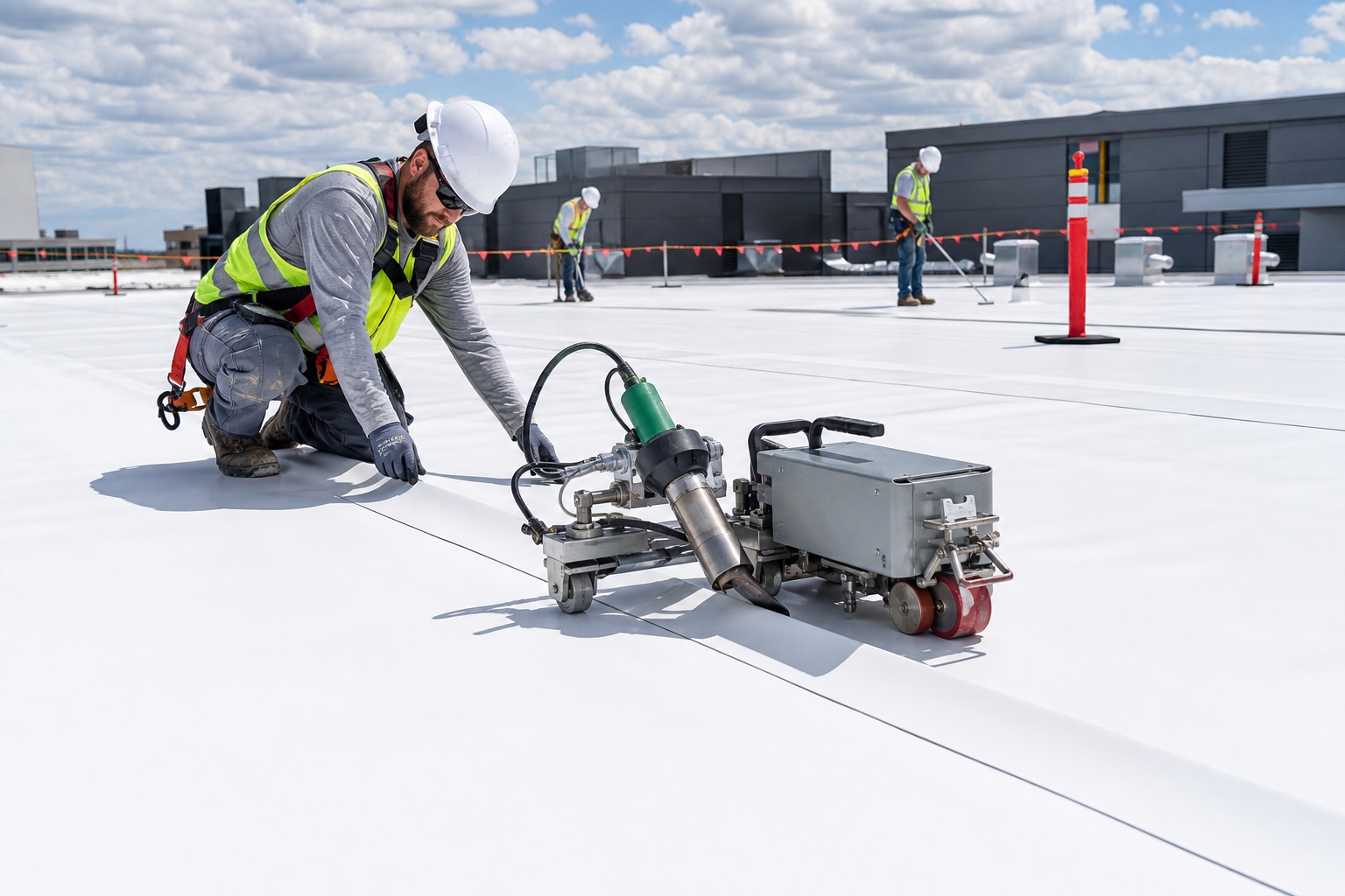 Hot-air welding white TPO roofing